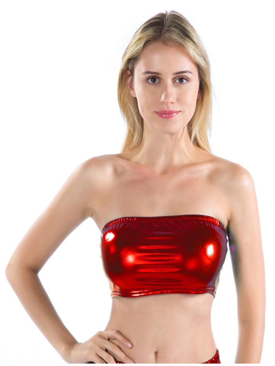 Women's Stage Sexy Bandeau Patent Leather Tube Bright Tops