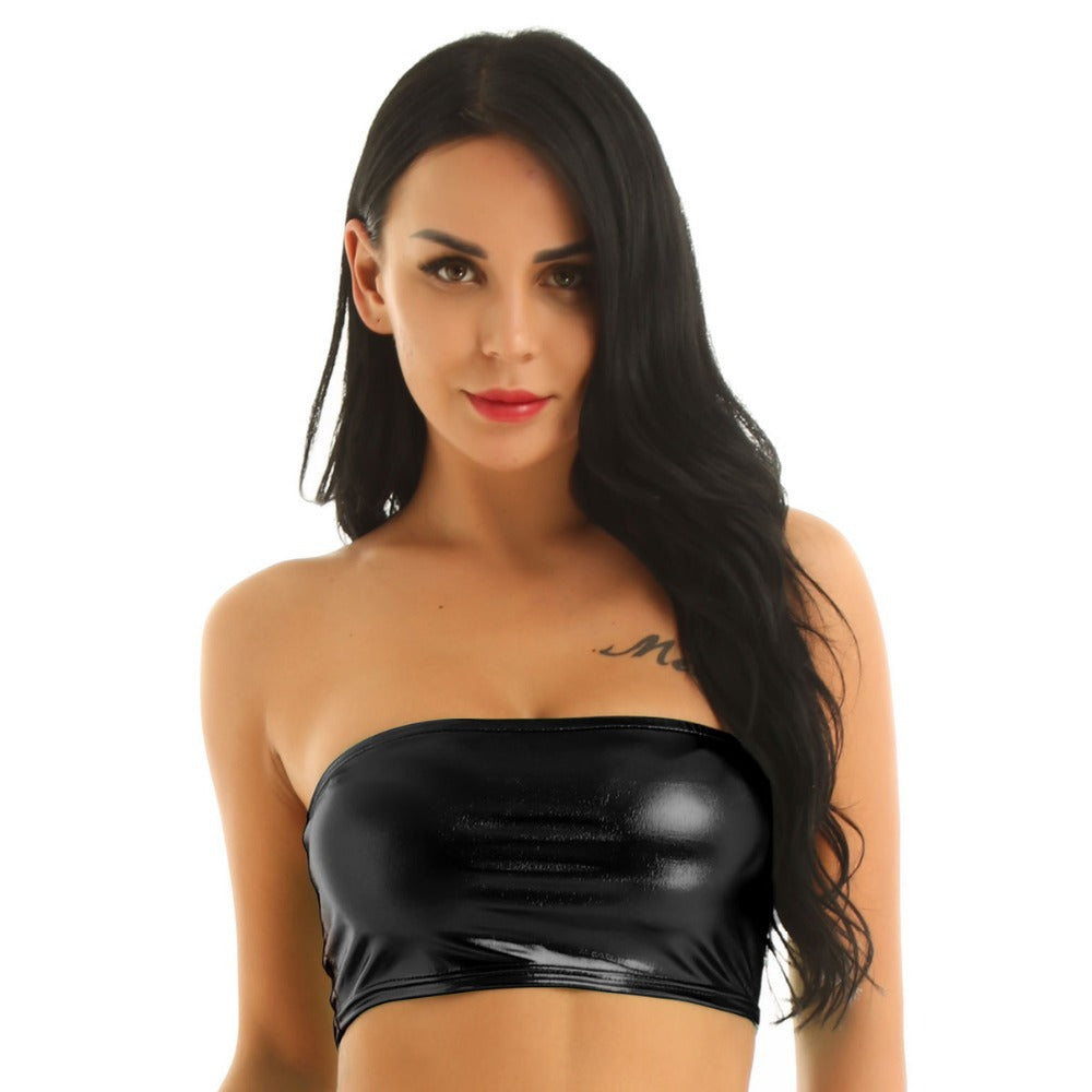 Women's Stage Sexy Bandeau Patent Leather Tube Bright Tops