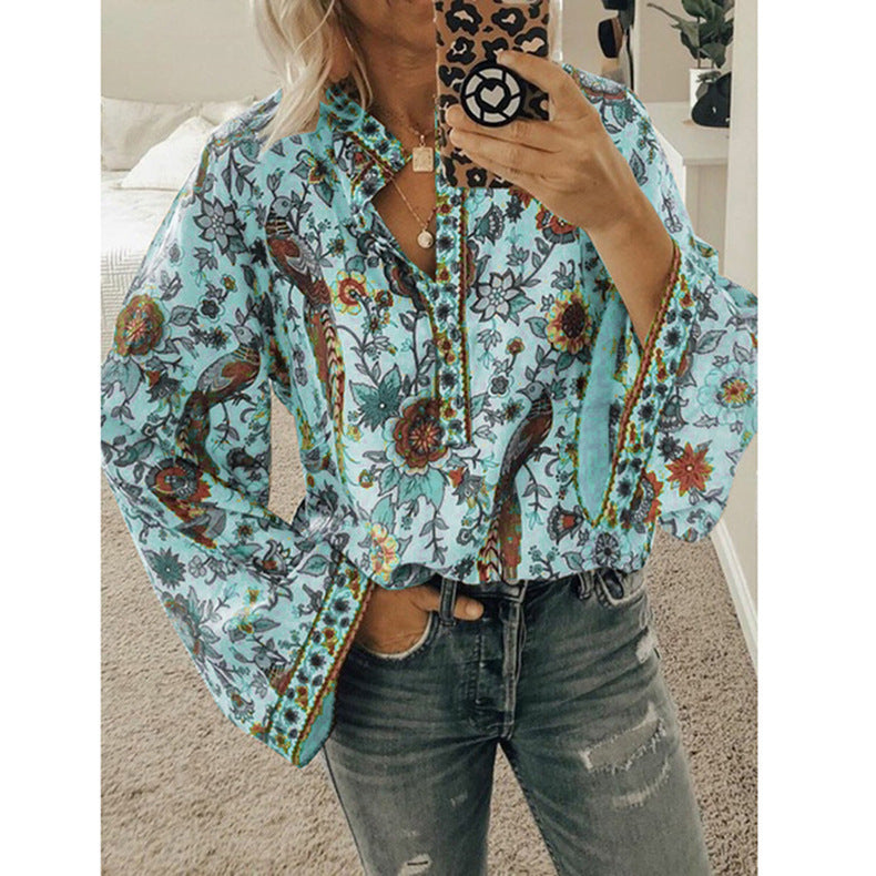 Autumn Peacock Printings Loose Shirt Button Blouses