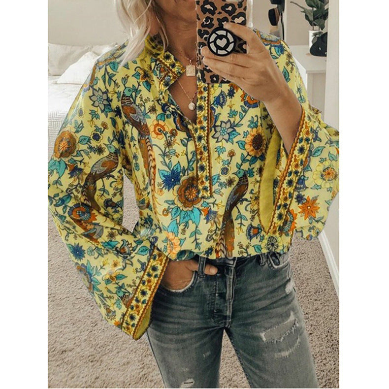 Autumn Peacock Printings Loose Shirt Button Blouses