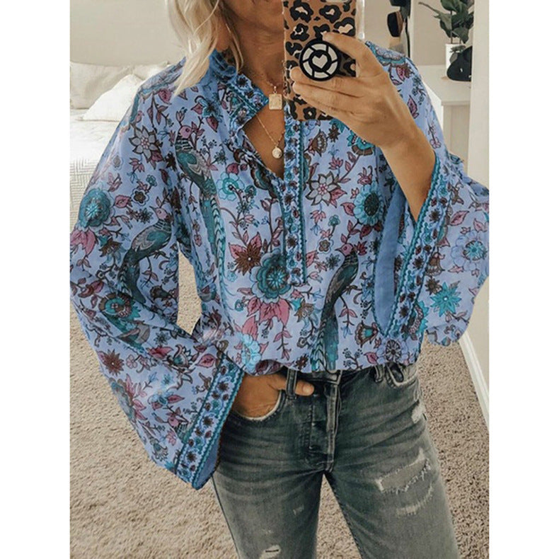 Autumn Peacock Printings Loose Shirt Button Blouses