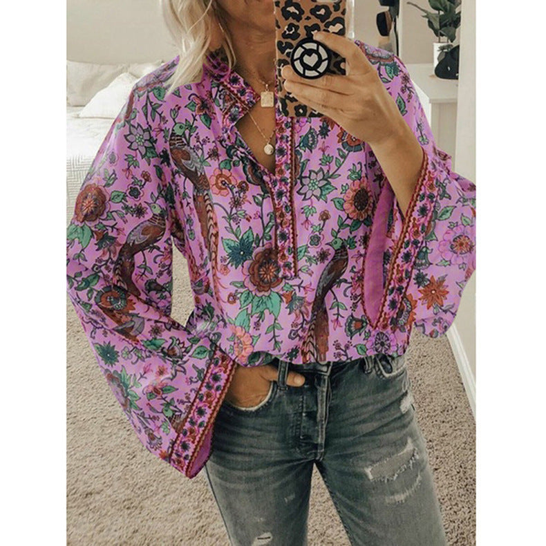 Autumn Peacock Printings Loose Shirt Button Blouses