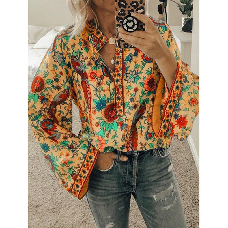 Autumn Peacock Printings Loose Shirt Button Blouses