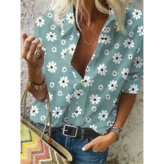 Women's Shirt Daisy Printing Lapel Long Sleeve Blouses