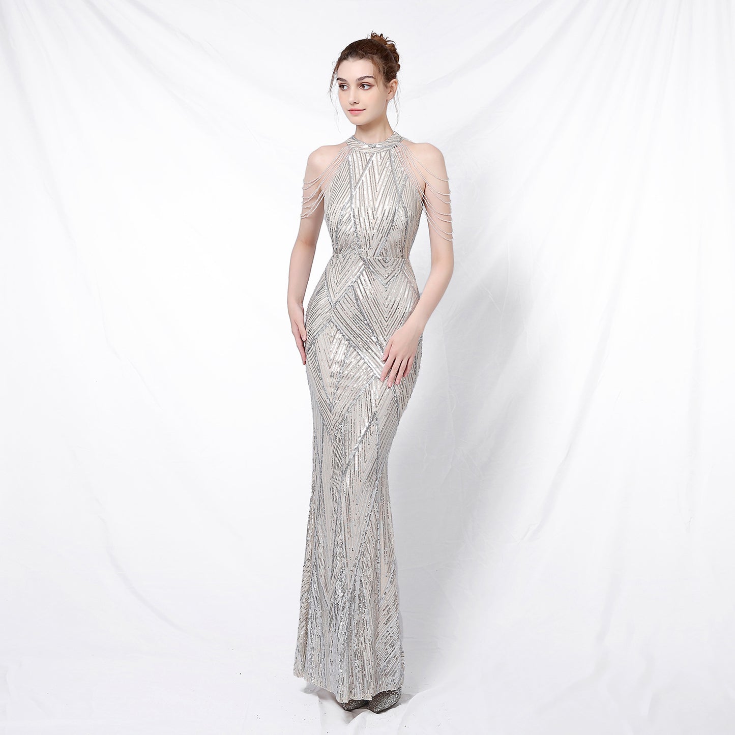 Banquet Temperament Elegant Long Halter Sequined Cool Air Wedding Dresses