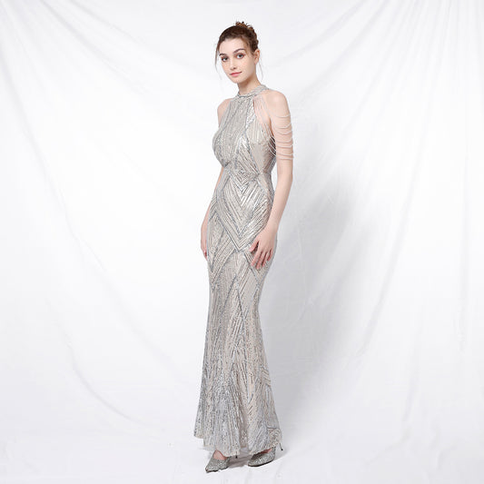 Banquet Temperament Elegant Long Halter Sequined Cool Air Wedding Dresses