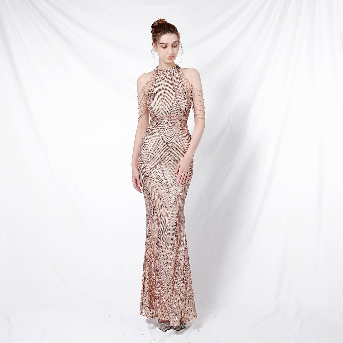 Banquet Temperament Elegant Long Halter Sequined Cool Air Wedding Dresses