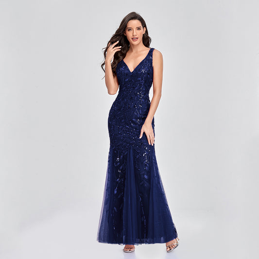 Women's Sexy Sleeveless Embroidery Sequin Slim Fishtail Evening Dresses