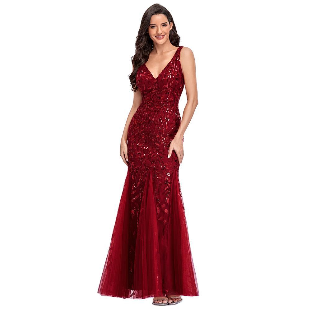 Women's Sexy Sleeveless Embroidery Sequin Slim Fishtail Evening Dresses