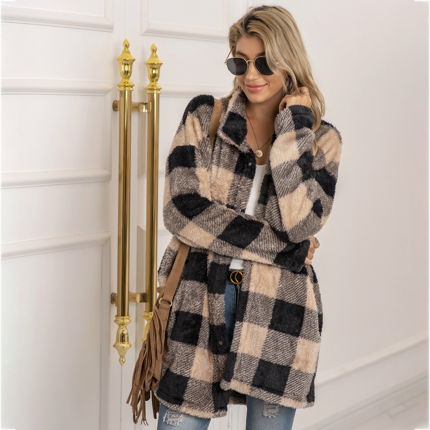 Women's Quantity Discounts Plush Plaid Long Coats