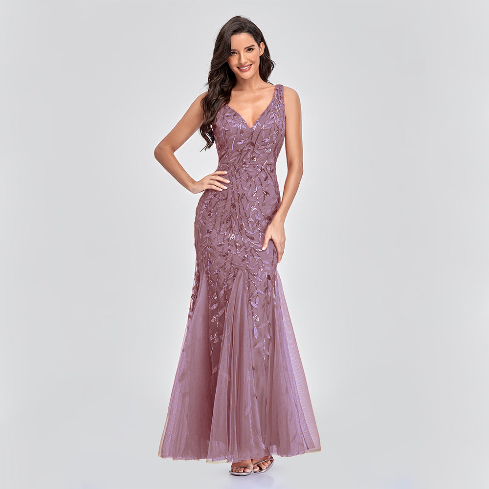 Women's Sexy Sleeveless Embroidery Sequin Slim Fishtail Evening Dresses