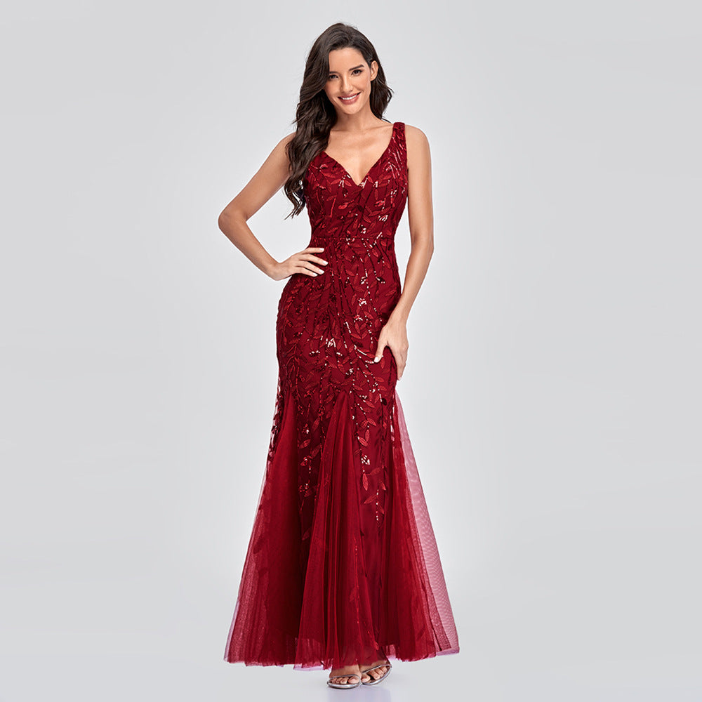 Women's Sexy Sleeveless Embroidery Sequin Slim Fishtail Evening Dresses