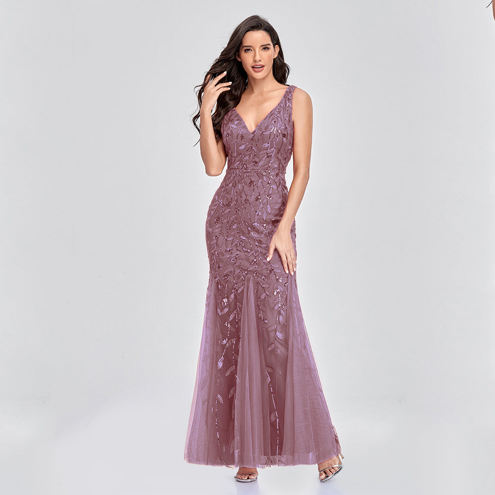 Women's Sexy Sleeveless Embroidery Sequin Slim Fishtail Evening Dresses