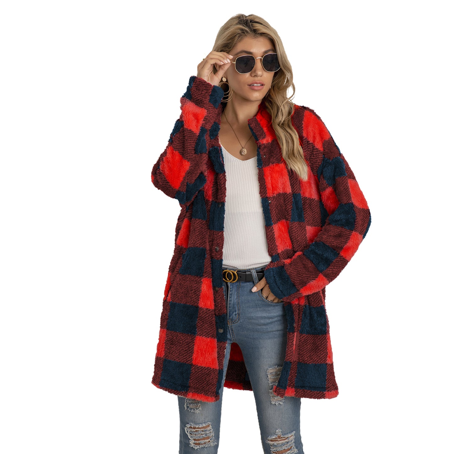 Women's Quantity Discounts Plush Plaid Long Coats