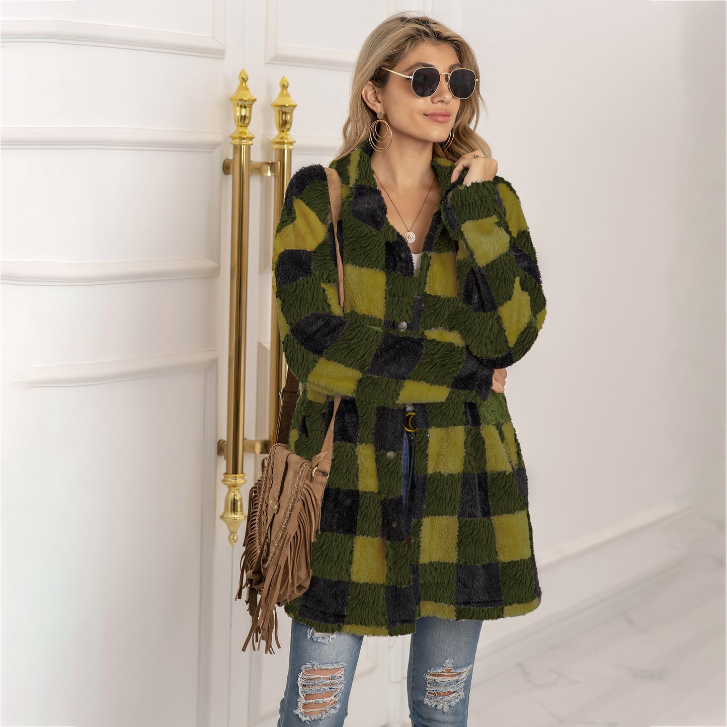 Women's Quantity Discounts Plush Plaid Long Coats