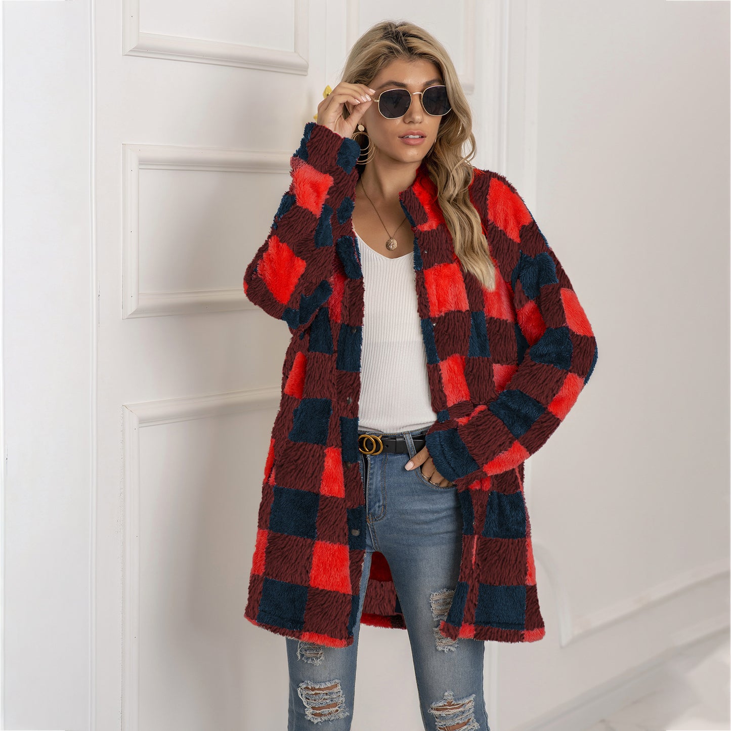 Women's Quantity Discounts Plush Plaid Long Coats