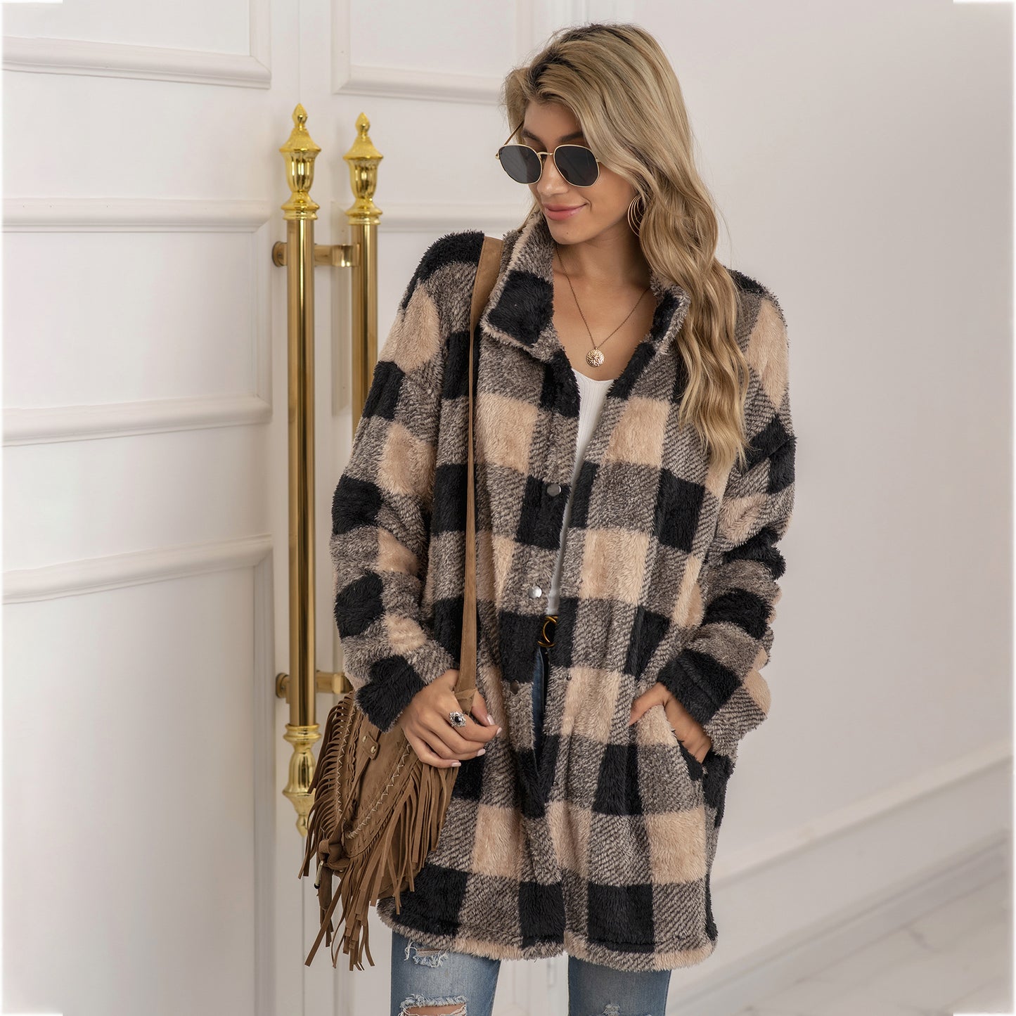 Women's Quantity Discounts Plush Plaid Long Coats