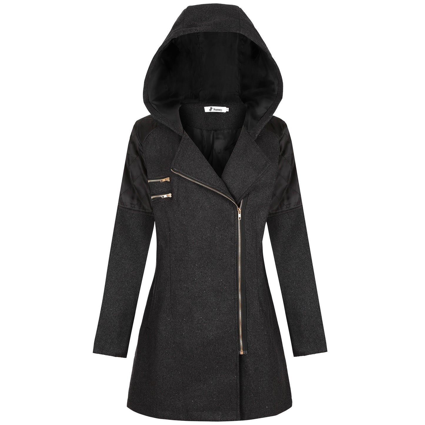 Women's Oblique Zipper Hooded Woolen Trench Mid-length Coats