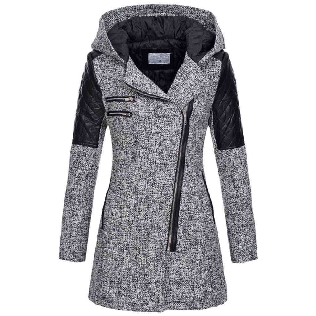 Women's Oblique Zipper Hooded Woolen Trench Mid-length Coats