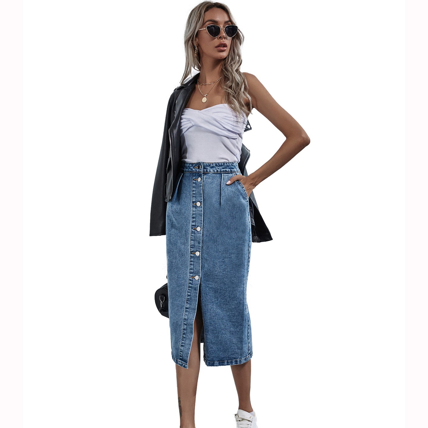 Women's Fashion High Waist Single Breasted Denim Skirts