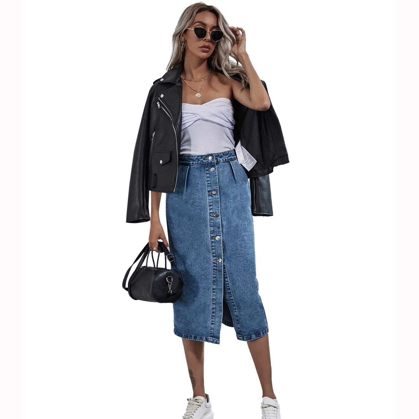 Women's Fashion High Waist Single Breasted Denim Skirts