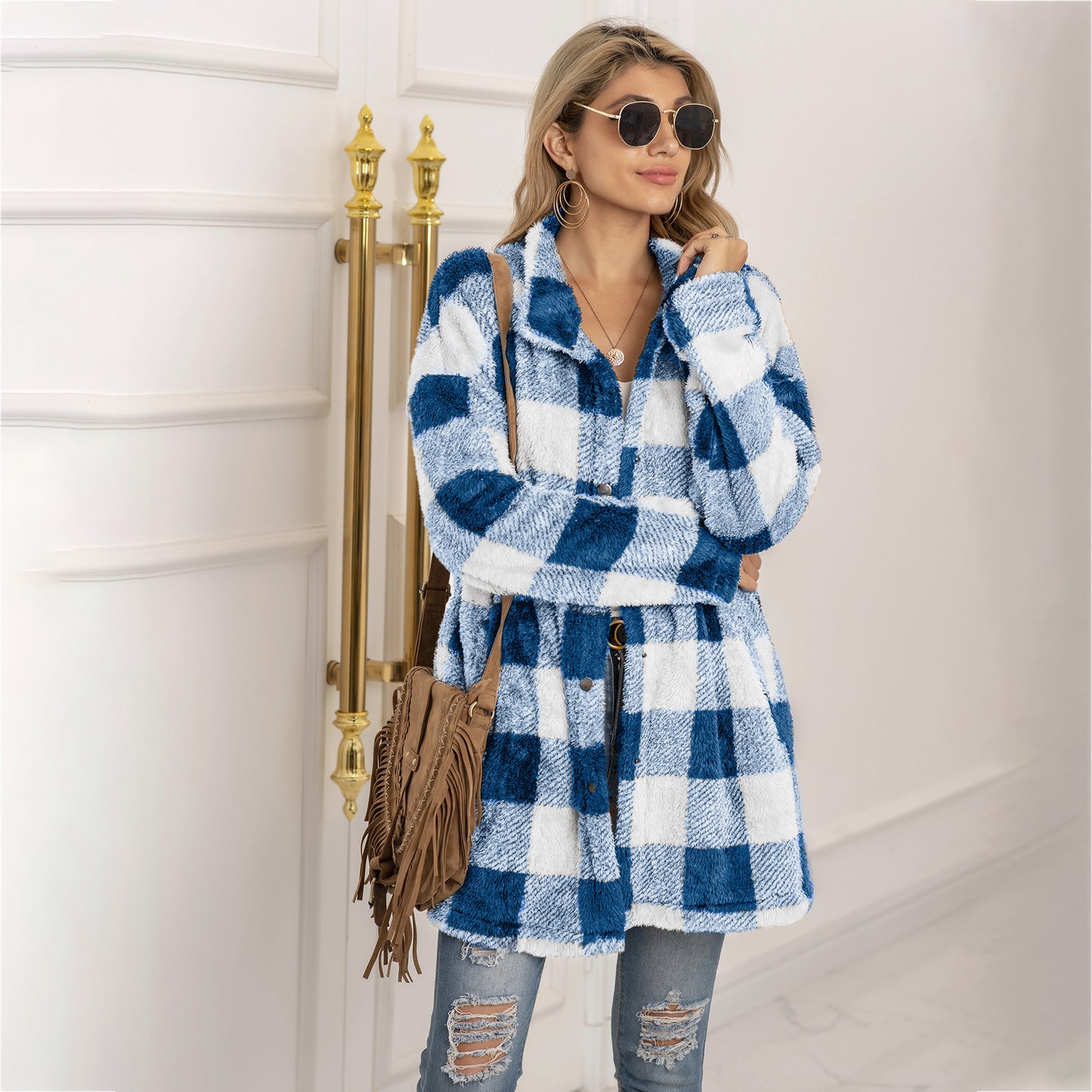 Women's Quantity Discounts Plush Plaid Long Coats