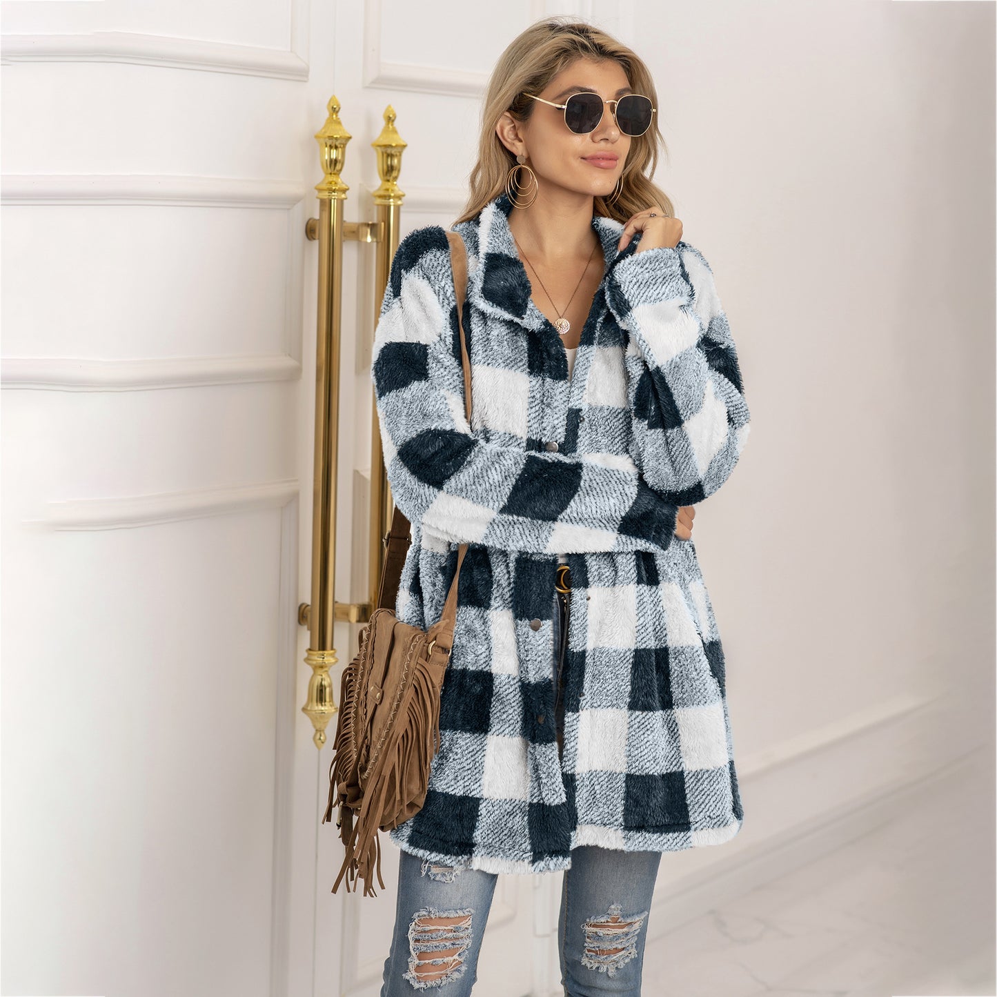 Women's Quantity Discounts Plush Plaid Long Coats