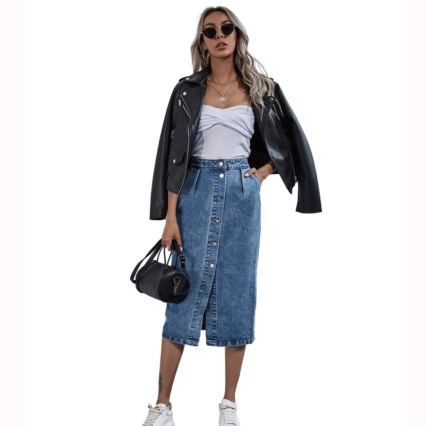 Women's Fashion High Waist Single Breasted Denim Skirts