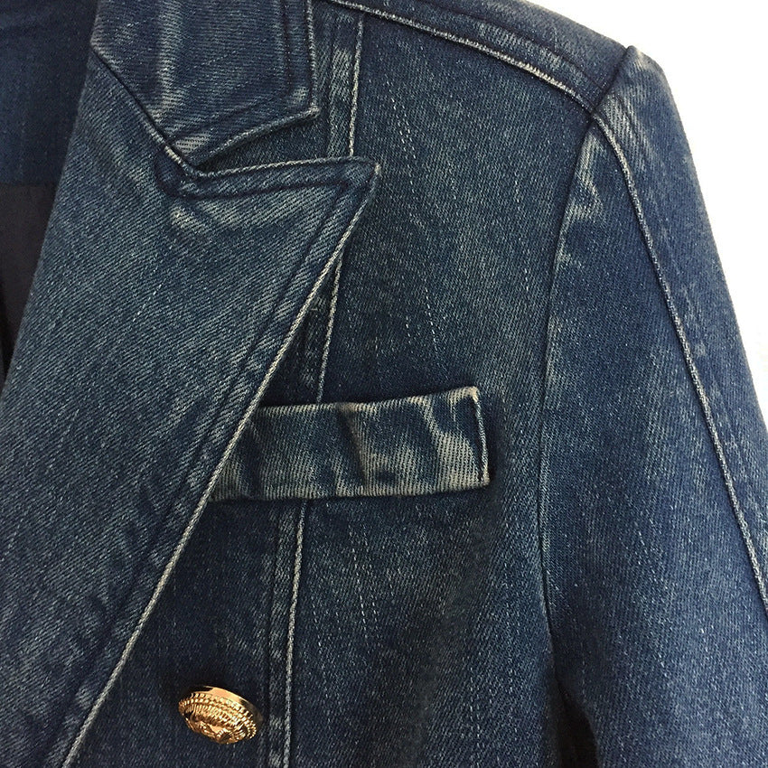 Double-breasted Lion Buckle Wash Denim Small Blazers