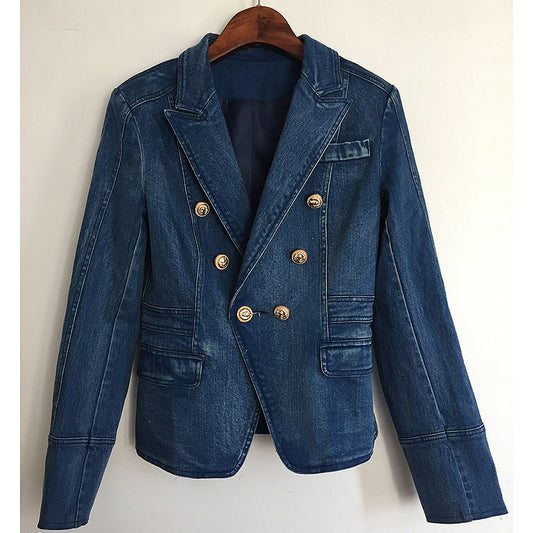 Double-breasted Lion Buckle Wash Denim Small Blazers