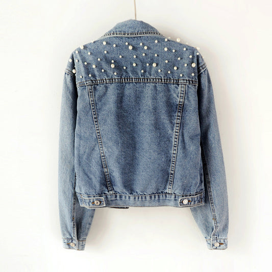 Women's Beaded Denim Pearl Baggy Casual Coats