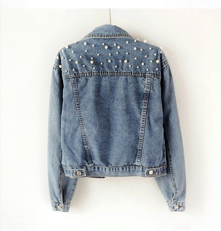 Women's Beaded Denim Pearl Baggy Casual Coats