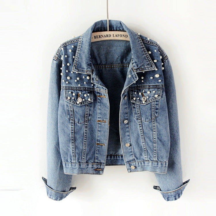 Women's Beaded Denim Pearl Baggy Casual Coats