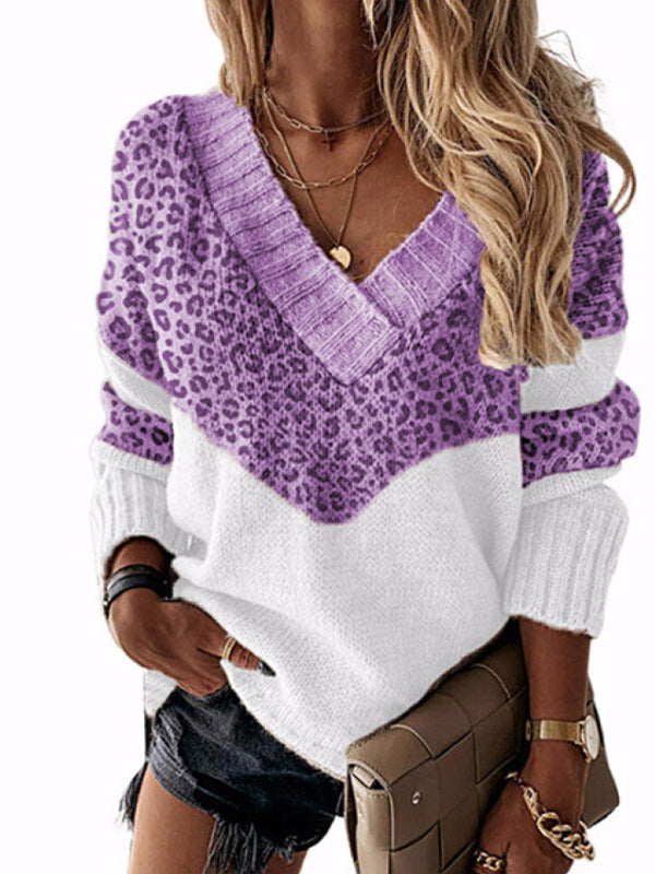 Women's Color Matching Leopard Print Pullover Sweaters