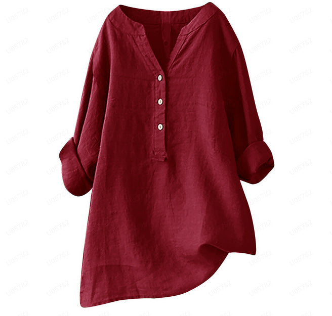 Women's Summer Loose Solid Color Shirt Cotton Blouses