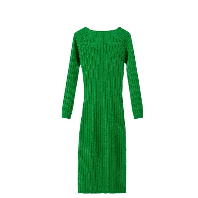 Women's Long Sleeve Crew Neck Split Knitted Dresses