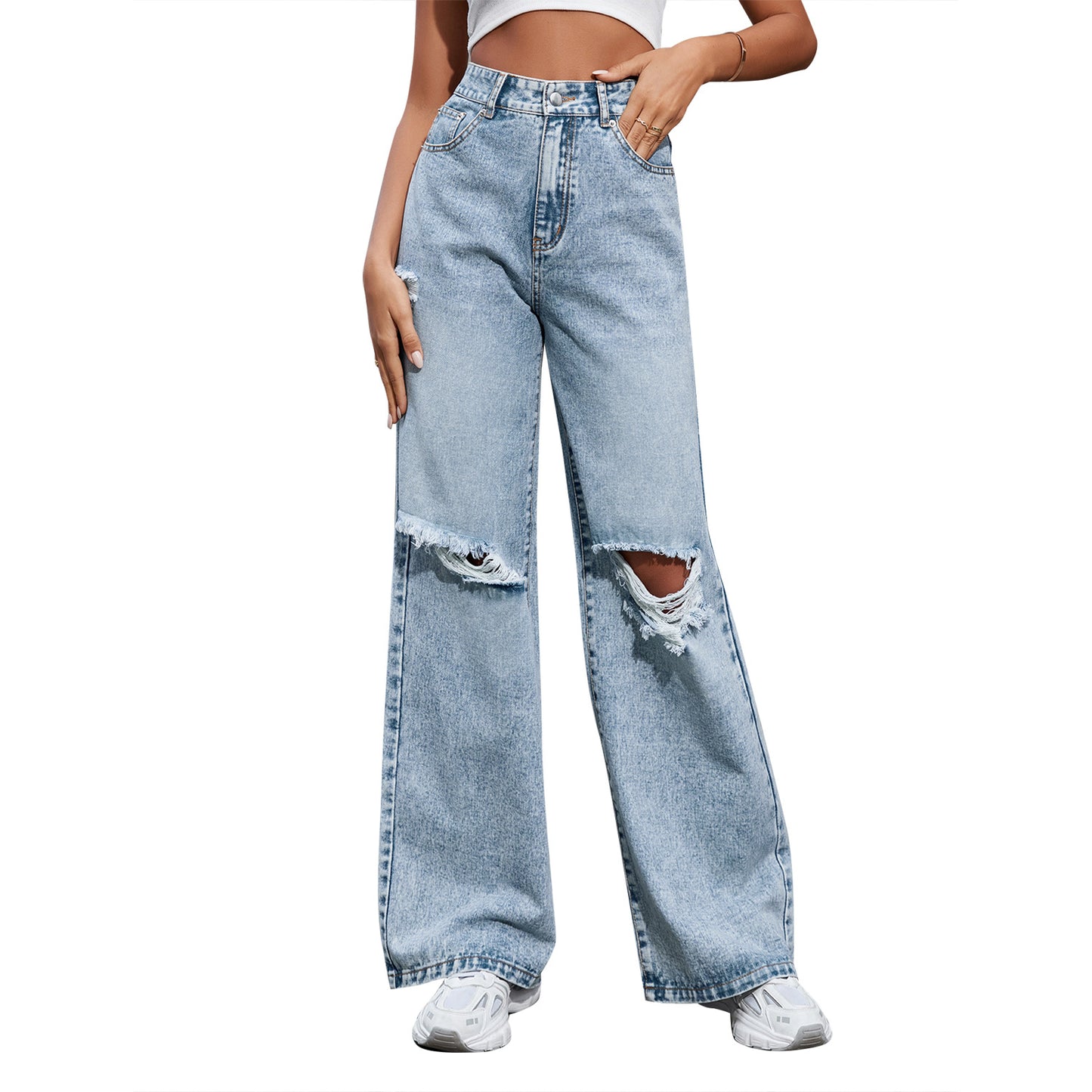 Women's Fashion Holes High Waist Wide Leg Casual Jeans