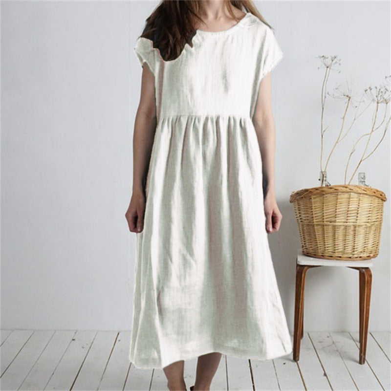 Women's Dress Round Neck Sleeve Solid Color Pleated Dresses