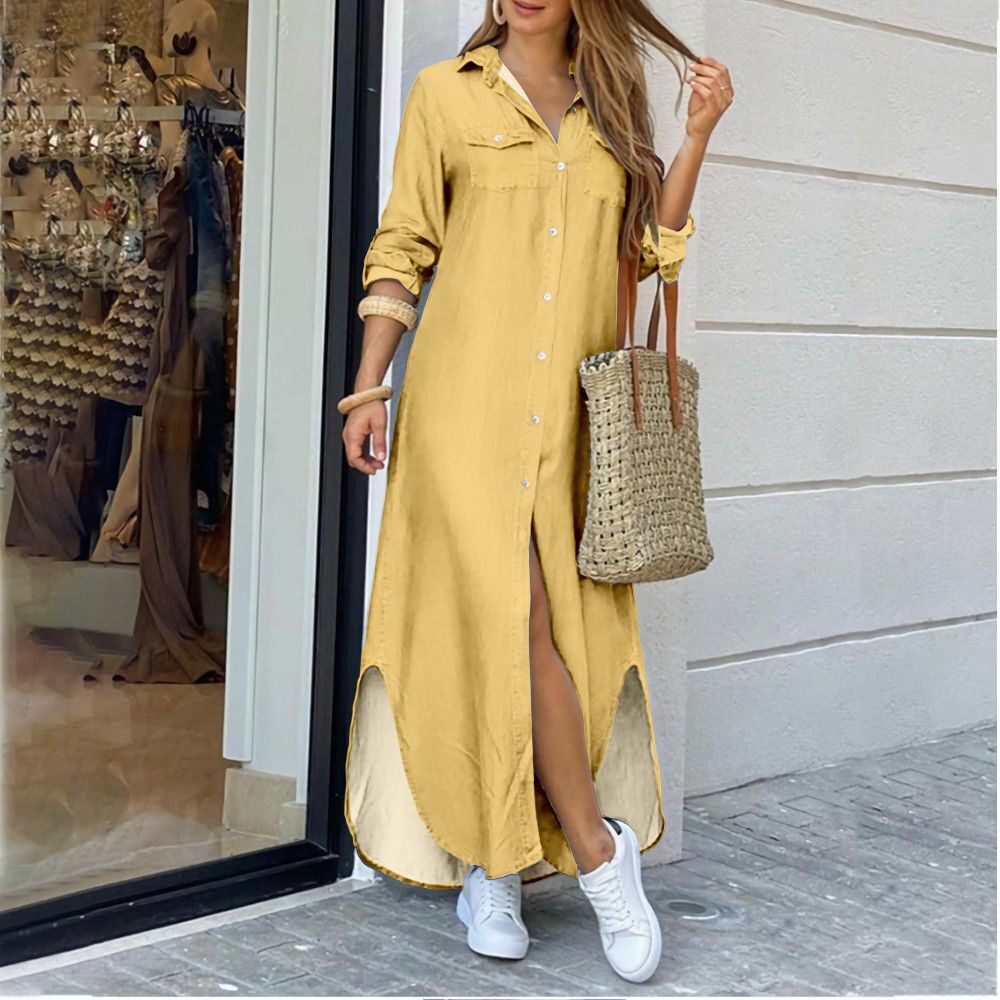 Fashion Long Sleeve Candy Color Lapel Dresses