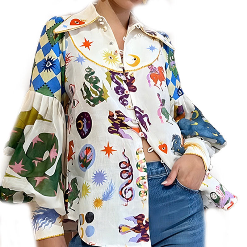 Women's Autumn Loose Iti Printing Lapel Lantern Blouses