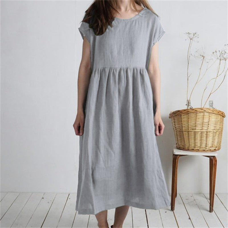 Robe mi-longue pour femme, col rond, manches unies