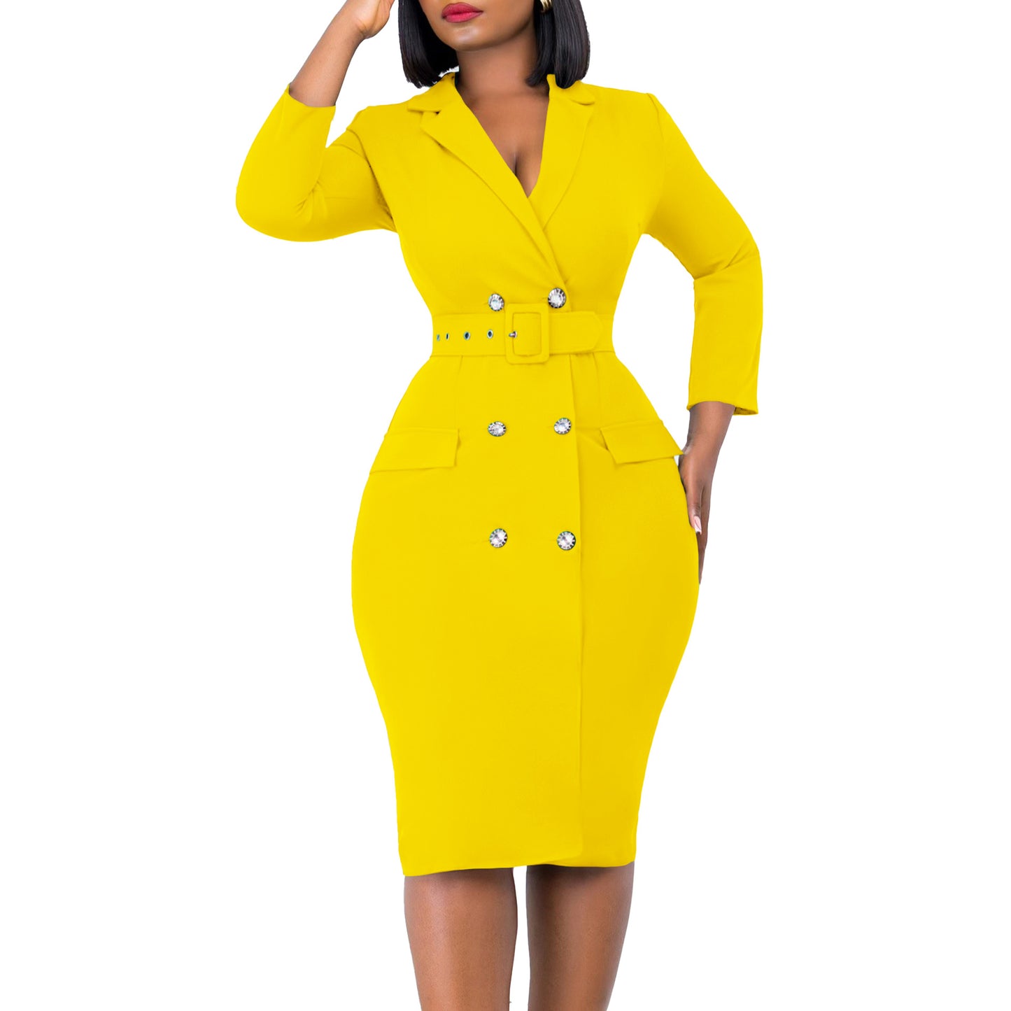 Commute Collar Solid Color Double Breasted Dresses