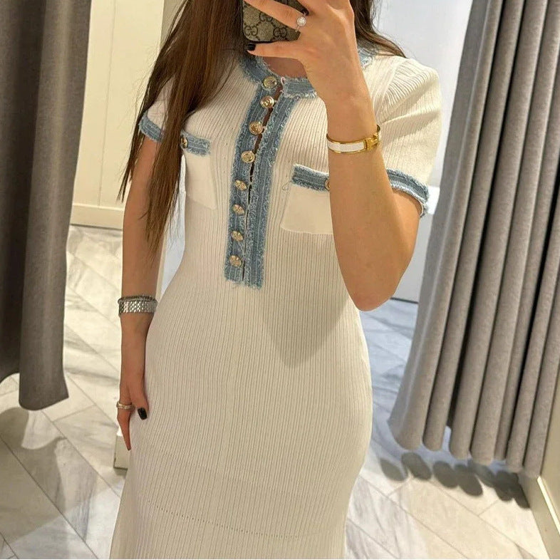 Women's Denim Patchwork Knitting Long Tight Sleeve Dresses