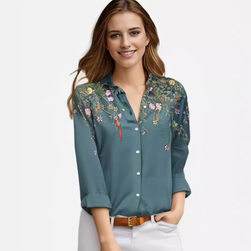 Women's Lapel Long-sleeved Single-breasted Temperament Printed Shirt Blouses