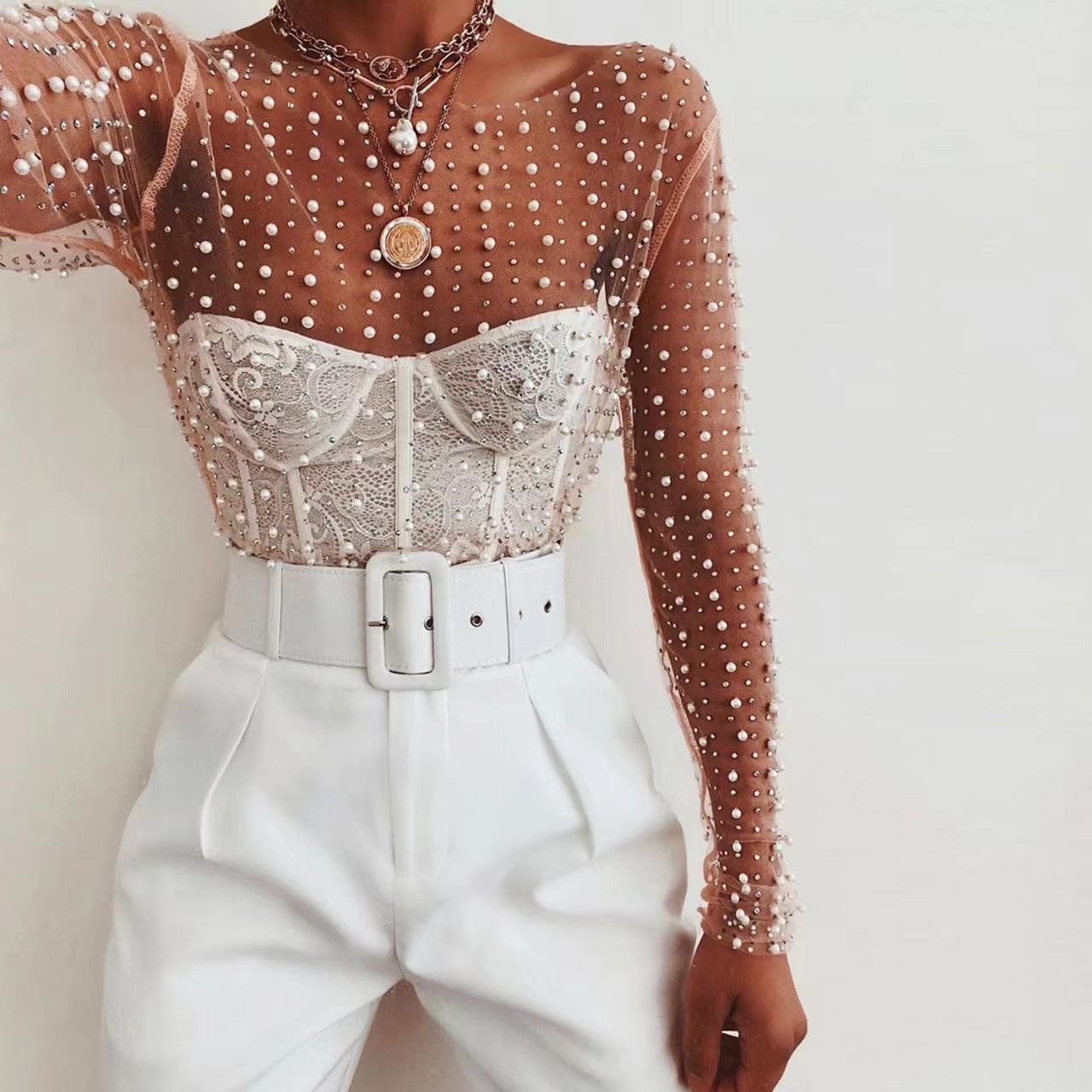 Rhinestone Pearl Stretch Crew Neck Mesh Tops