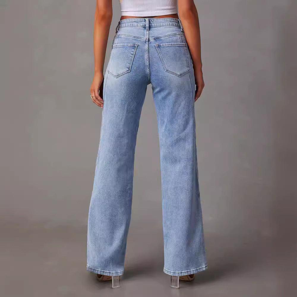 Women's High Waist Loose Denim Trousers Fashion Jeans