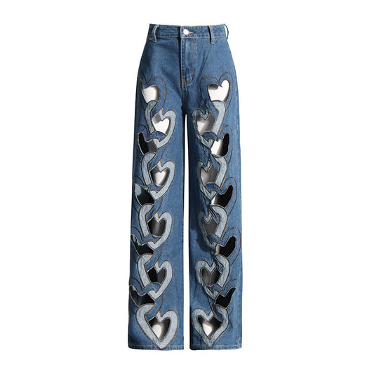 Women's Personality Design High-grade Hollow Love Trousers Jeans