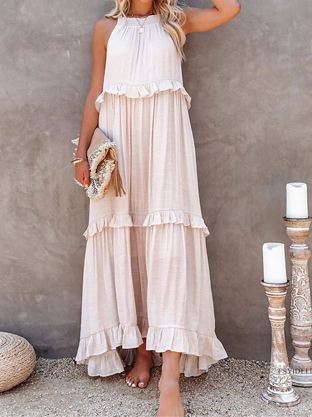 Women's Summer Vacation Style Ruffled Long Dress Wide Hem Dresses