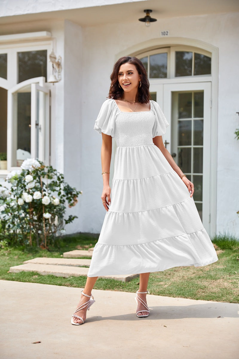 Women's Summer Square Collar Backless Puff Sleeve Dresses