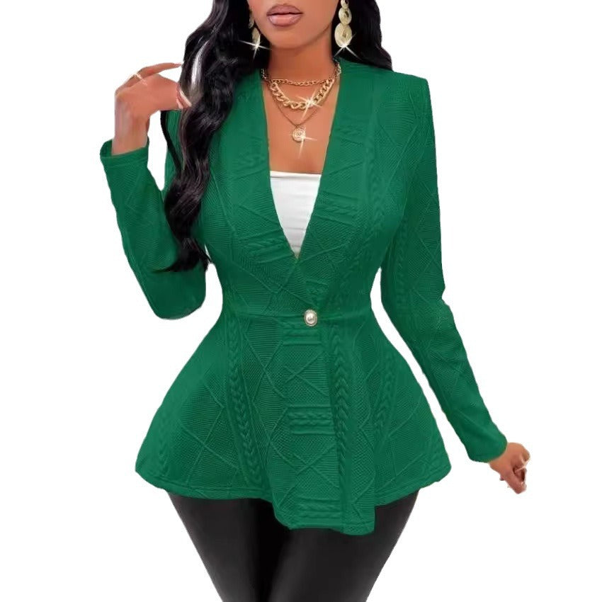 Jacquard Texture Single Button Green Collar Jackets